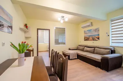 a living room with a couch and a table at Top Location Central New & Spacious 3 BDR apt Medical Academy in Sofia