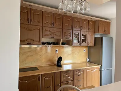 a kitchen with wooden cabinets and a black dog sitting on the counter at Vessy’s apartment in Smolyan