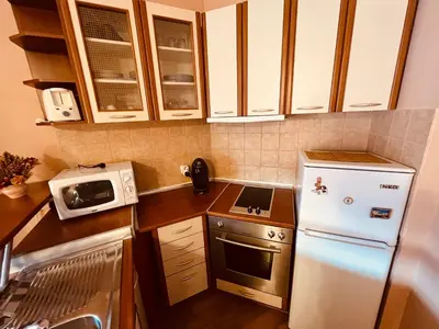 a kitchen with a white refrigerator and a microwave at Marina Apartment - Mountain View in Bansko