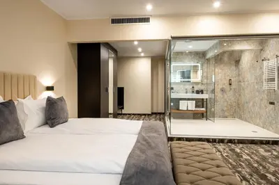 a hotel room with a bed and a shower at Empire Balneo & Spa Hotel in Hisarya
