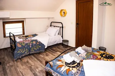 a room with two beds and a window at Докторската къща in Sapareva Banya