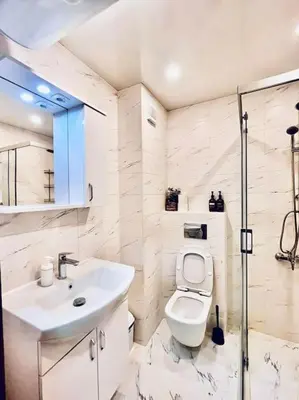 a bathroom with a toilet and a sink and a shower at Malinova Stylish Apartment in Sofia