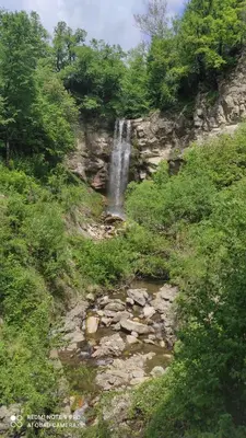 a waterfall on the side of a hill with trees at Panorama Stoykite Eurydice in Stoykite