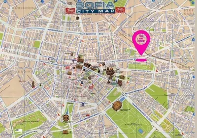 a map of a city with a pink marker at Central & Quiet 2BR with Free Private Parking in Sofia