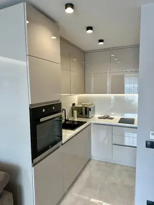 a kitchen with white cabinets and a black appliance at Apartment G17 in Pernik
