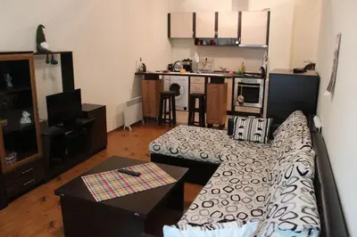 a living room with a couch and a kitchen at Apartment Atanasov - Pamporovo in Pamporovo