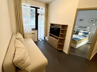 a living room with a couch and a television at Sweet Apartment Flora Violet 3 in Borovets
