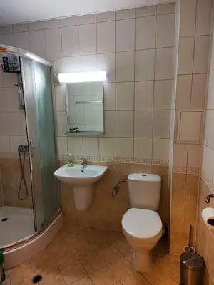 a bathroom with a toilet and a sink and a shower at Panorama Stoykite Orpheus in Stoykite