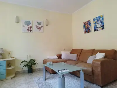 a living room with a brown couch and a table at Apartment Maddie in Teteven