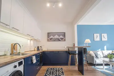 a kitchen with a sink and a couch in a room at Cozy Apartment Overlooking The Park in Sofia