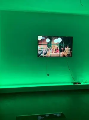 a green room with a tv on a green wall at Luxury Apartment Eleni in centre of Sandanski in Sandanski