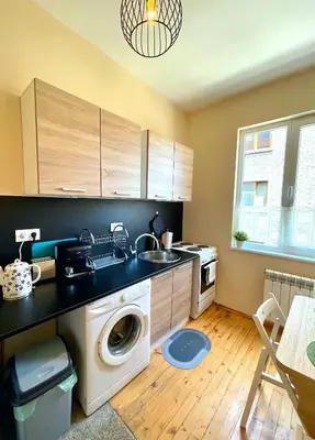 a kitchen with a sink and a washing machine at Bohemian Bright & Calm 2BR - Top center - Private Balcony in Sofia