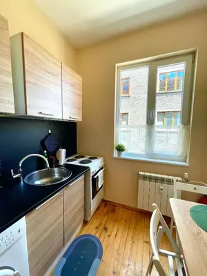 a small kitchen with a sink and a stove at Bohemian Bright & Calm 2BR - Top center - Private Balcony in Sofia