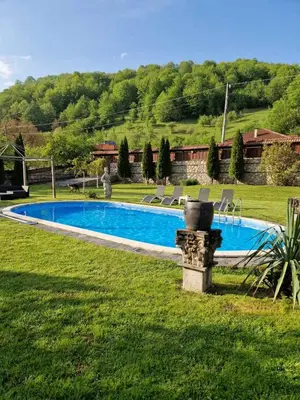 a swimming pool in the middle of a yard at Къща за гости Бели Вит in Ribarica