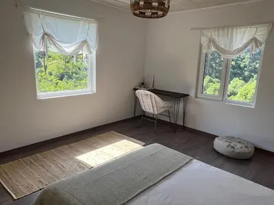 a bedroom with a bed and a chair and two windows at Rodopi Mountain Village House in Narechen