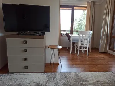 a living room with a television and a table with chairs at Роси Студио Банско in Bansko