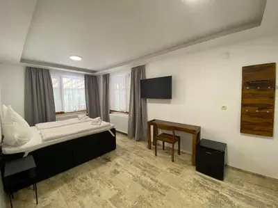 a bedroom with a bed and a desk in it at D Villa in Mineralni Bani