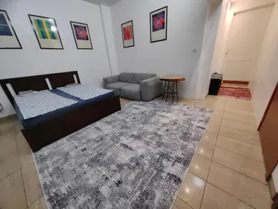 a bedroom with a bed and a couch and a rug at Graf Ignatiev 27 in Sofia