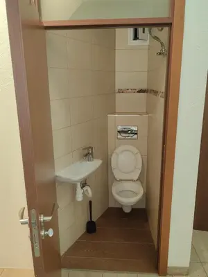 a small bathroom with a toilet and a sink at Graf Ignatiev 27 in Sofia