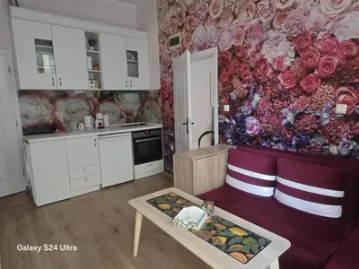 a kitchen and a living room with a table at Roses in Sofia