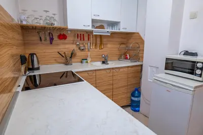a small kitchen with a sink and a microwave at Kostenets Hills in Kostenets Village