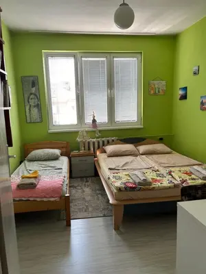 two beds in a room with green walls at Apartment11in the center of Sofia in Sofia