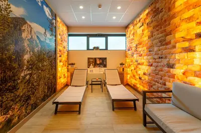 a room with chairs and a brick wall at Парк Хотел Модър in Devin