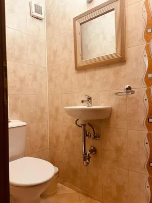 a bathroom with a toilet and a sink and a window at Spacious apartment with a Mountain view, big balcony and parking in Sofia