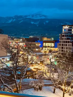 a city at night with snow covered trees and buildings at Spacious apartment with a Mountain view, big balcony and parking in Sofia