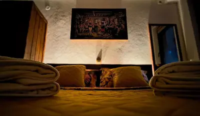 a lion sitting on a bed in a room at Wooden Paradise Apartment next to Gondola in Bansko