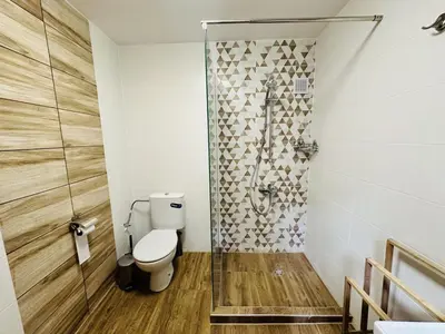 a bathroom with a toilet and a shower at Вила Данели in Tsigov Chark