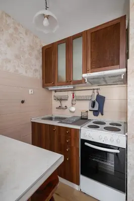 a kitchen with wooden cabinets and a stove top oven at Vitosha Boulevard Studio in Sofia