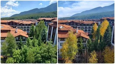 two pictures of a city with trees and buildings at apartment Serenity, Bansko in Bansko