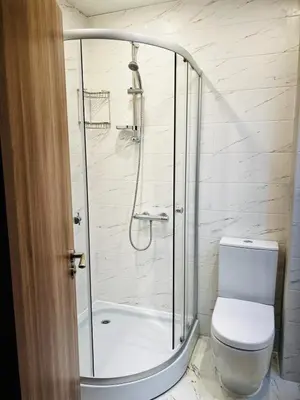 a bathroom with a shower and a toilet at Cherry Apartment with 2 bedrooms in Sofia
