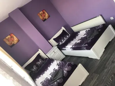 a room with two bunk beds with purple walls at Predela 1 Bansko Apartment in Bansko