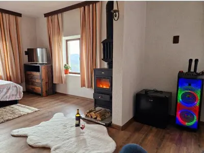 a living room with a fireplace and a stove at Вила Леска in Leska