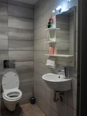 a bathroom with a toilet and a sink at Vertigo 2 Modern 2-Bedroom Apartment with Parking & Vitosha View in Sofia