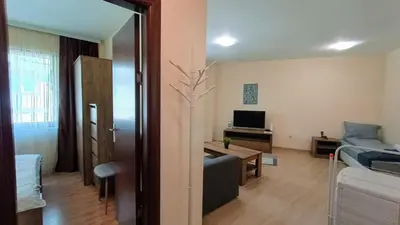 a living room with a couch and a tree in it at Kandahar Private Apartments in Bansko
