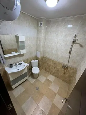 a bathroom with a toilet and a sink and a shower at Апартамент Клисура in Plovdiv
