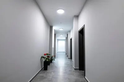 a hallway with white walls and a hallway with a plant at Apartmenthaus Oborishte - 27 in Panagyurishte