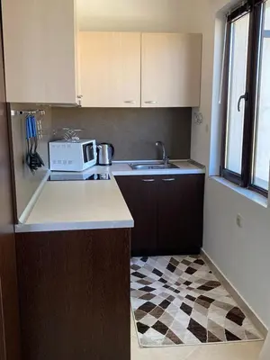 a small kitchen with a microwave and a sink at Hill Top Studio Apartments in Bansko