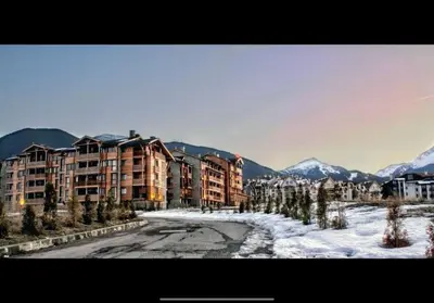 a snowy street in a city with buildings and trees at The Chalet 2 Bedrooms Paradise in Bansko