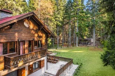an aerial view of a log house with a yard at Mountain Villa Borovets in Borovets