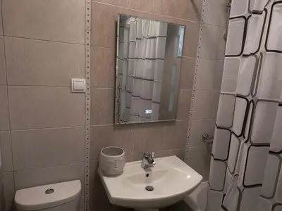 a bathroom with a sink and a mirror and a toilet at Апартамент за гости Александър in Chepelare