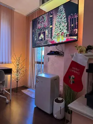a living room with a refrigerator and a christmas sign at 2-bedroom, 2-bathroom with fireplace and garden at Winslow Infinity in Bansko