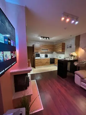 a living room with a large flat screen tv at 2-bedroom, 2-bathroom with fireplace and garden at Winslow Infinity in Bansko