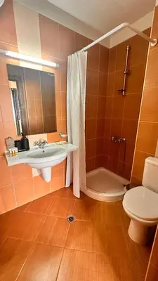 a bathroom with a sink and a shower and a toilet at Pirin Golf Mountain View Apartment in Razlog