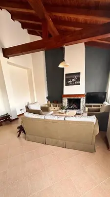 a living room with a couch and a fireplace at Pirin Golf Mountain View Apartment in Razlog