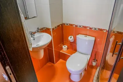 an orange bathroom with a toilet and a sink at Апартамент Пирин Apartment Pirin in Sandanski