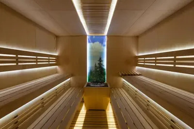 a row of empty benches in a sauna at Cozy Studio in Semiramida Gardens - Borovets Hills 39 in Borovets